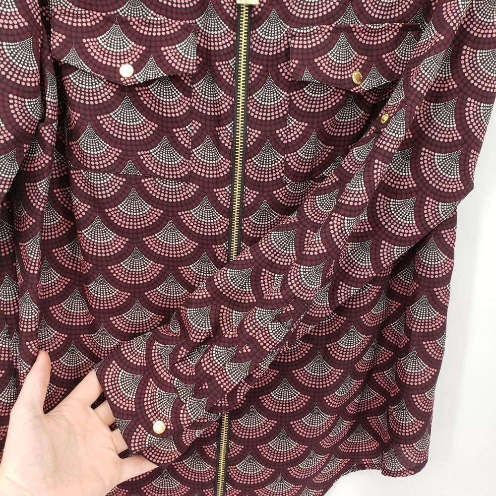 MICHAEL KORS Gold Zipper Front Roll Tab Ombre Dot Pink Maroon Blouse Career M - Picture 5 of 7